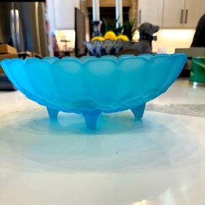 Indiana glass blue satin frosted footed fruit bowl